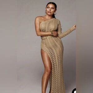 Elegant BEIGE One Shoulder Crochet Swim Cover-Up Dress MEDIUM 6-8